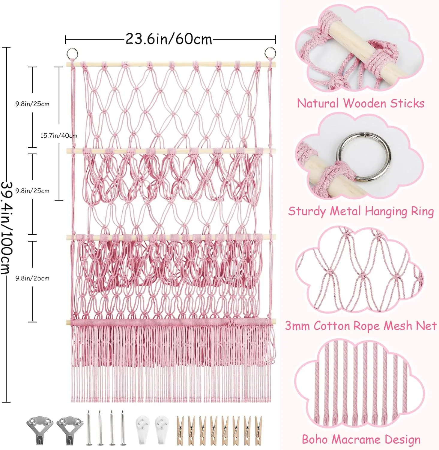 3 Tier Hanging Stuffed Animal Storage Shelf, 24x39 Inch Large Stuffed Animal Organizer Display for Mini Medium Stuffy Teddy, Pink Boho Macrame Stuffy Storage w/LED Light & Clips for Kids Girls Boys