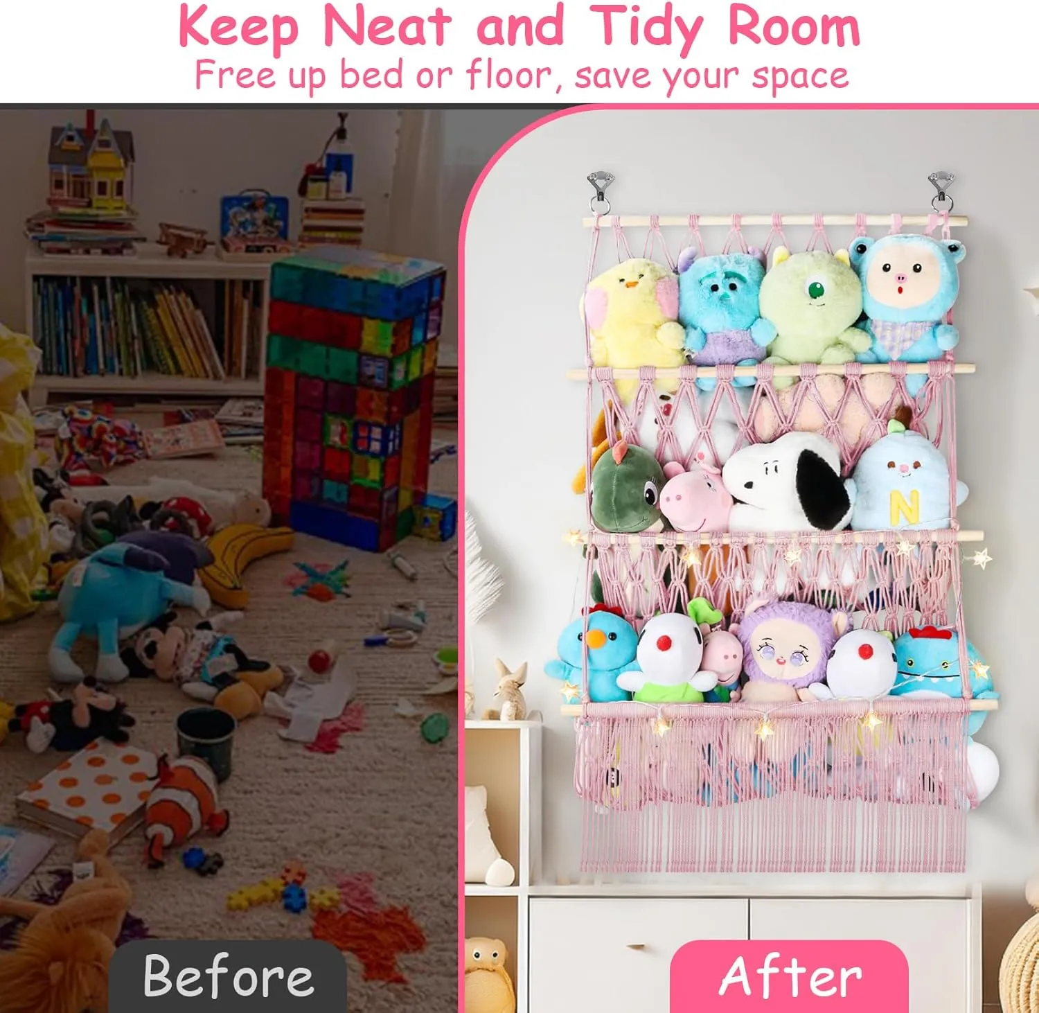 3 Tier Hanging Stuffed Animal Storage Shelf, 24x39 Inch Large Stuffed Animal Organizer Display for Mini Medium Stuffy Teddy, Pink Boho Macrame Stuffy Storage w/LED Light & Clips for Kids Girls Boys