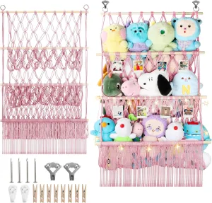 3 Tier Hanging Stuffed Animal Storage Shelf, 24x39 Inch Large Stuffed Animal Organizer Display for Mini Medium Stuffy Teddy, Pink Boho Macrame Stuffy Storage w/LED Light & Clips for Kids Girls Boys