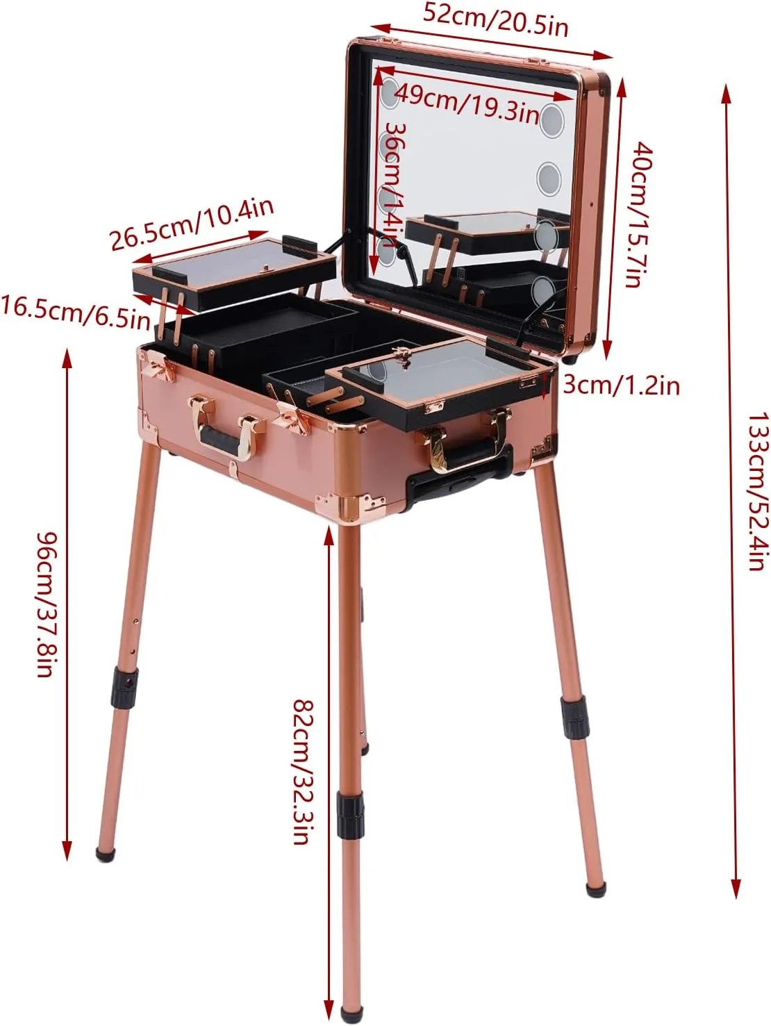 3 Tier Rolling Makeup Train Case, Professional Cosmetic Box Suitcase Salon Cosmetic Trolley with 8 LED Light&Wheels, Portable Rolling Makeup Train Cas Adjustable Height, Rose Gold