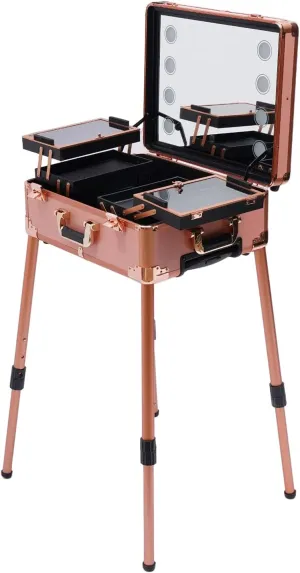 3 Tier Rolling Makeup Train Case, Professional Cosmetic Box Suitcase Salon Cosmetic Trolley with 8 LED Light&Wheels, Portable Rolling Makeup Train Cas Adjustable Height, Rose Gold
