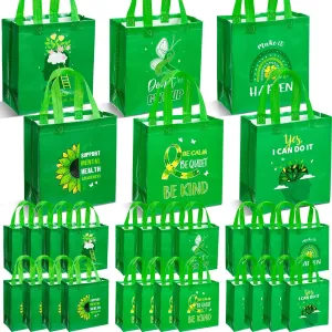 30 Pcs Mental Health Awareness Gifts Bags with Handles Green Party Favor Bag Bulk Mental Health Awareness Item Reusable Non Woven Handbags for Public Charity Event Party Supplies, 6 Style