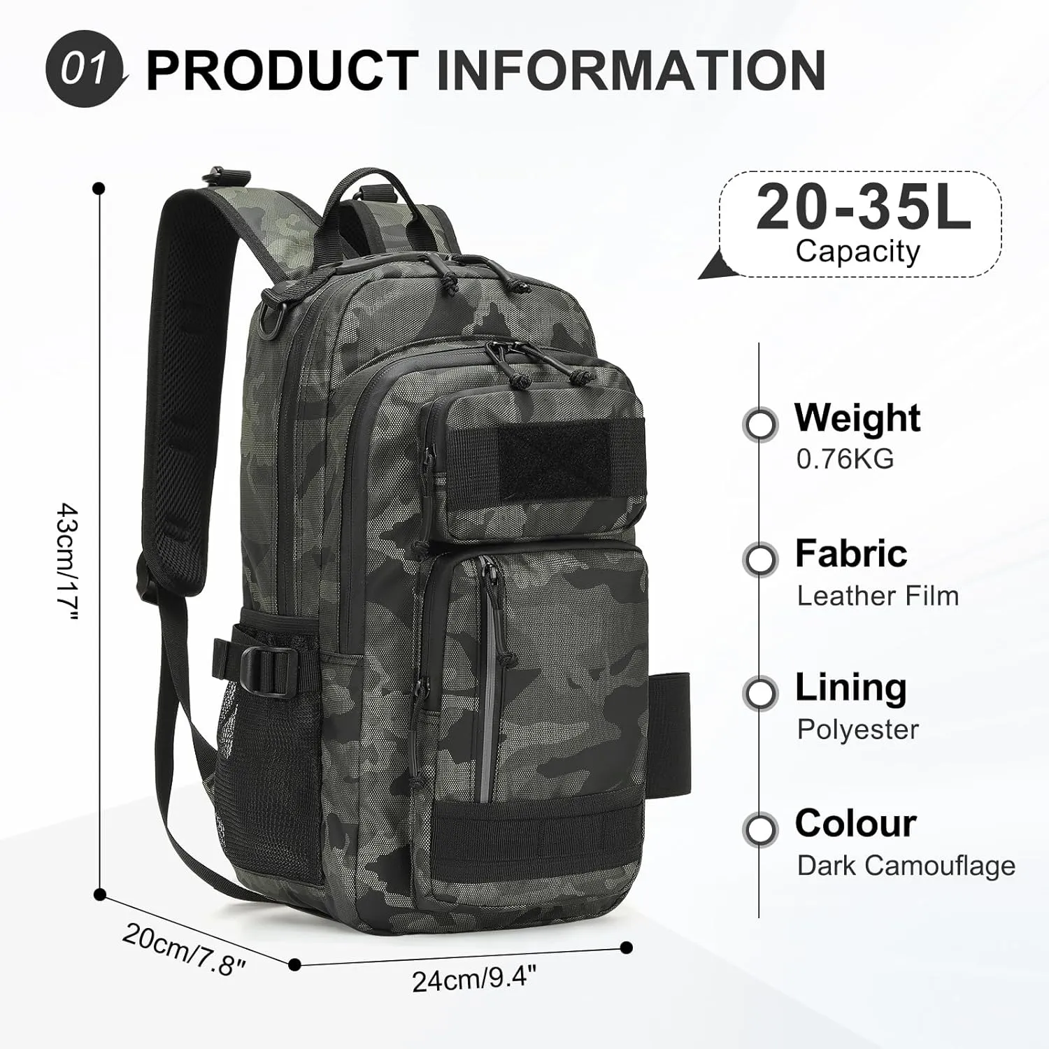 30L Hiking Backpack for Men, Waterproof Rucksack Every Day Carry Daypack Attachments Adapter Strap, Bookbag Leather Film for Camping Trekking Hunting Hiking, Army Green Camouflage
