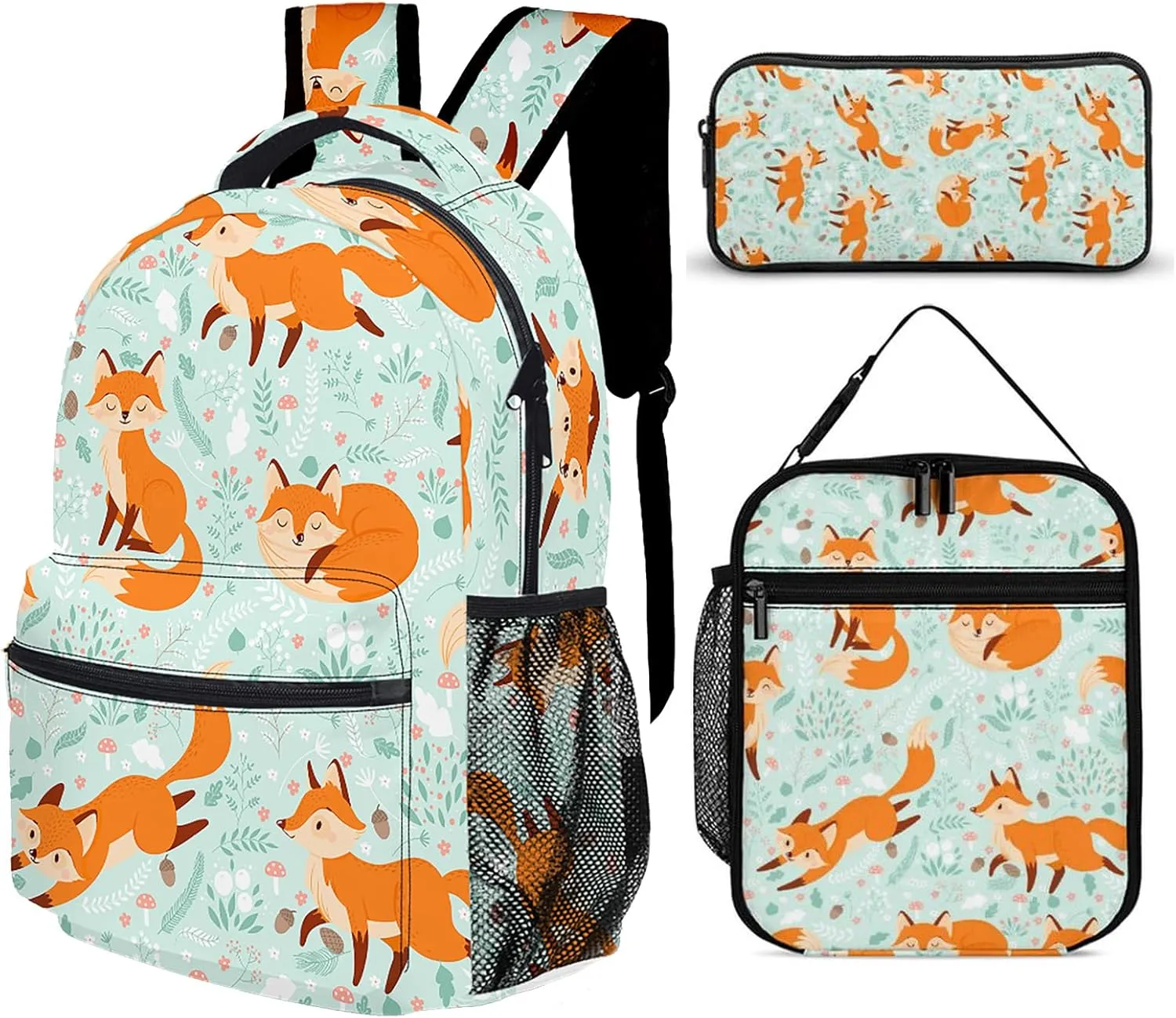 3pcs Cartoon Jungle Fox Backpack Set, Multi-functional Laptop Bag 17in Water Resistant Travel Daypack, Large Capacity Double Shoulder Backpack With Lunch Bag (Cartoon Jungle Fox