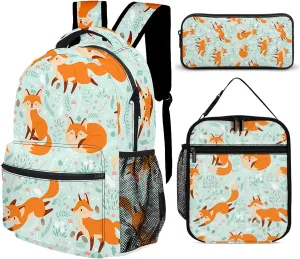 3pcs Cartoon Jungle Fox Backpack Set, Multi-functional Laptop Bag 17in Water Resistant Travel Daypack, Large Capacity Double Shoulder Backpack With Lunch Bag (Cartoon Jungle Fox