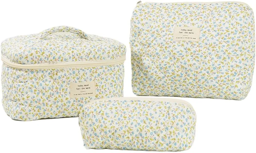 3PCS Makeup Bag for Women Quilted Cotton Make Up Bag Travel Cosmetic Bag Large Cute Makeup Bag Organizer Floral Toiletry Bag Makeup Pouch for Purse