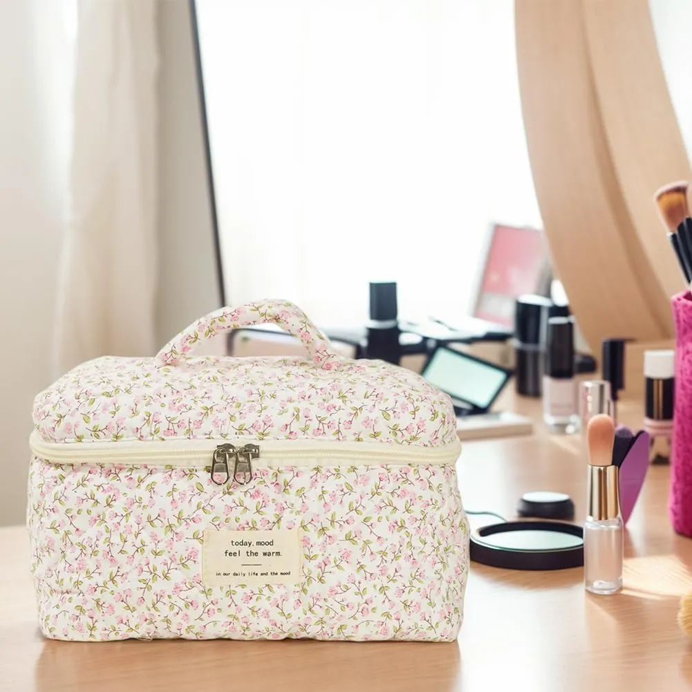3PCS Makeup Bag for Women Quilted Cotton Make Up Bag Travel Cosmetic Bag Large Cute Makeup Bag Organizer Floral Toiletry Bag Makeup Pouch for Purse
