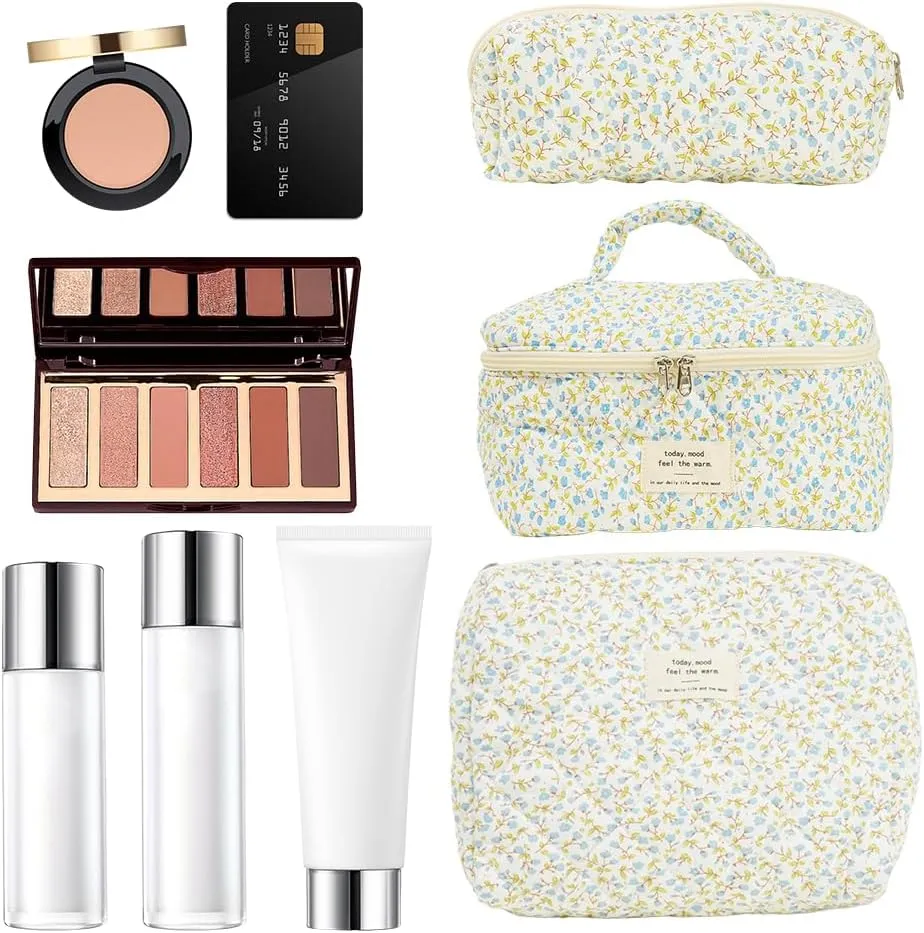 3PCS Makeup Bag for Women Quilted Cotton Make Up Bag Travel Cosmetic Bag Large Cute Makeup Bag Organizer Floral Toiletry Bag Makeup Pouch for Purse