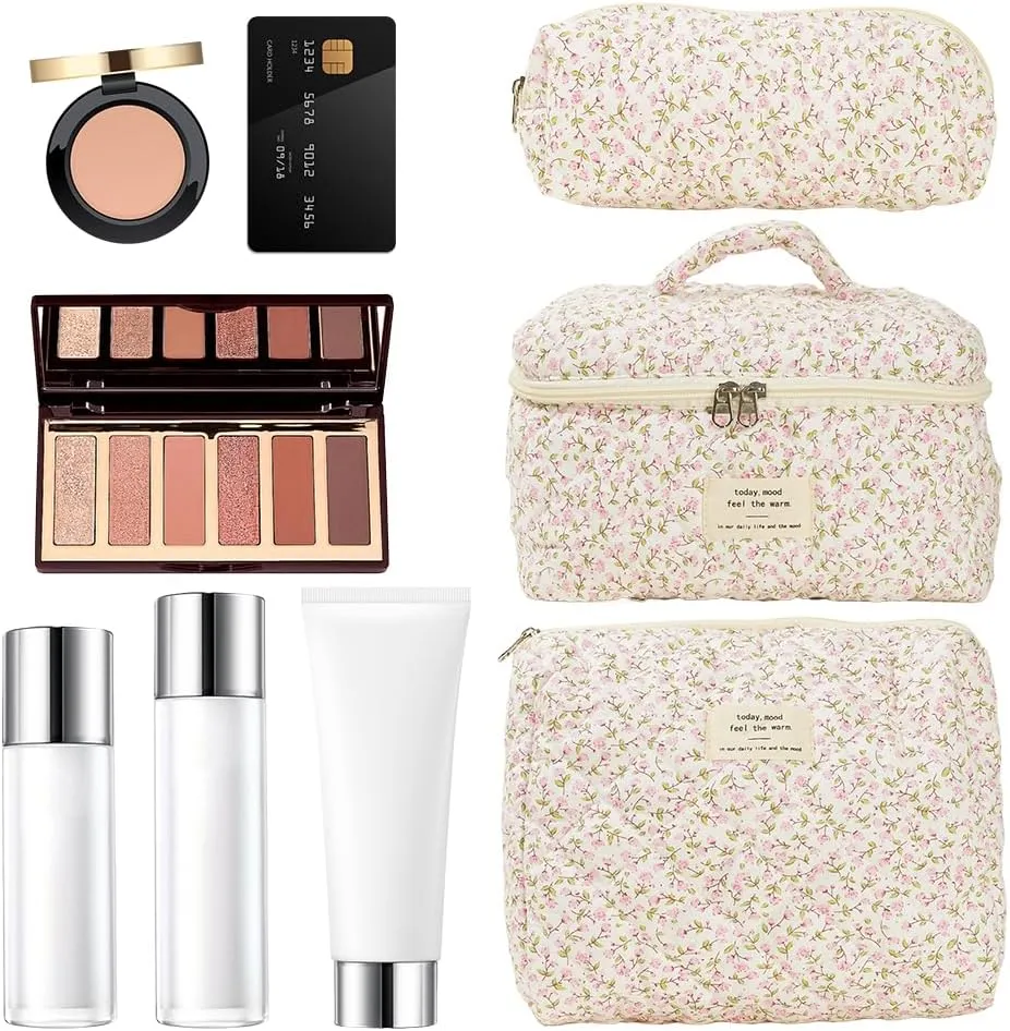 3PCS Makeup Bag for Women Quilted Cotton Make Up Bag Travel Cosmetic Bag Large Cute Makeup Bag Organizer Floral Toiletry Bag Makeup Pouch for Purse