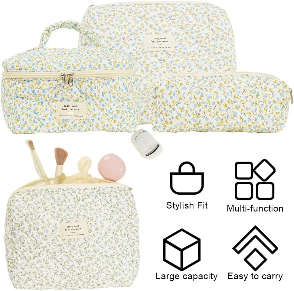 3PCS Makeup Bag for Women Quilted Cotton Make Up Bag Travel Cosmetic Bag Large Cute Makeup Bag Organizer Floral Toiletry Bag Makeup Pouch for Purse