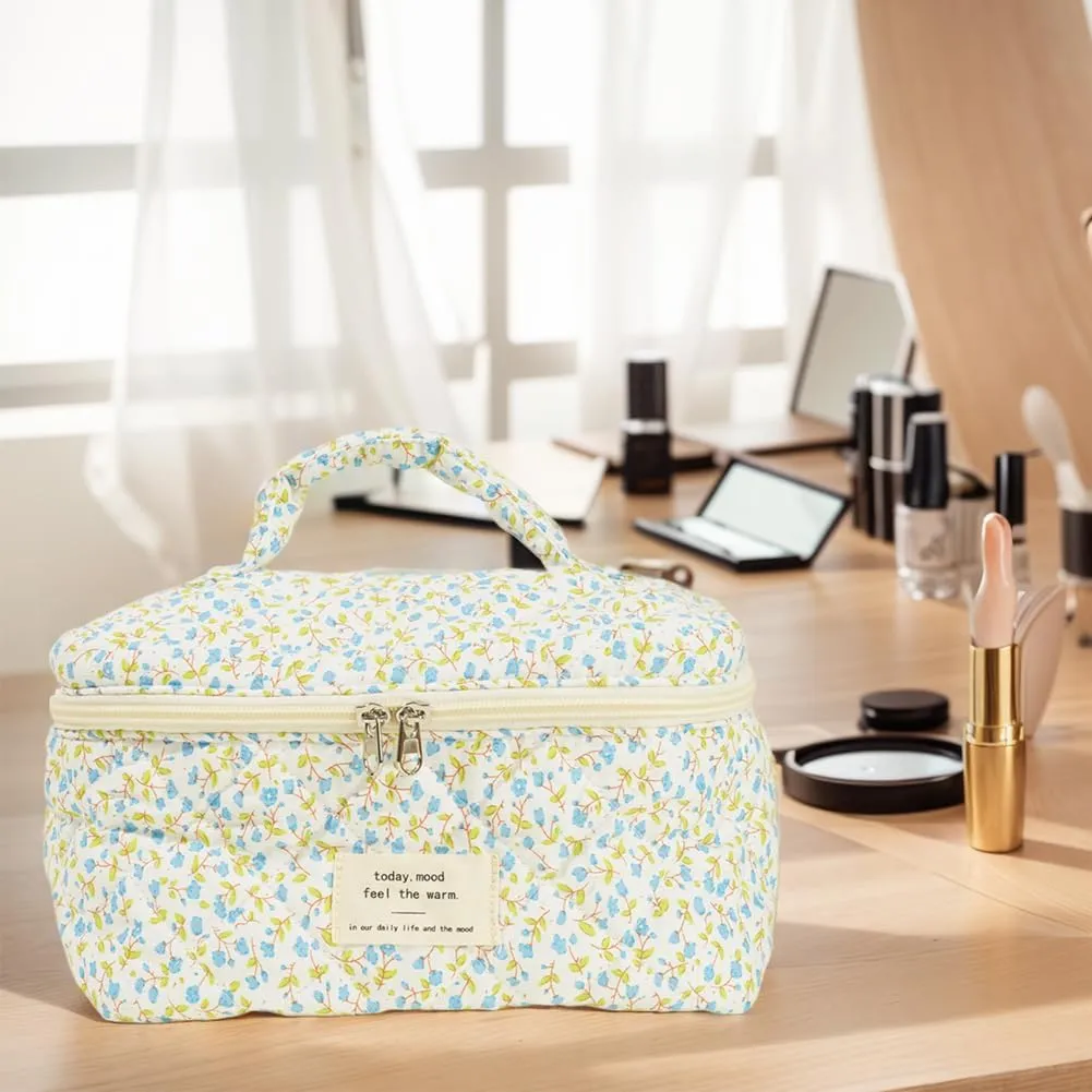 3PCS Makeup Bag for Women Quilted Cotton Make Up Bag Travel Cosmetic Bag Large Cute Makeup Bag Organizer Floral Toiletry Bag Makeup Pouch for Purse