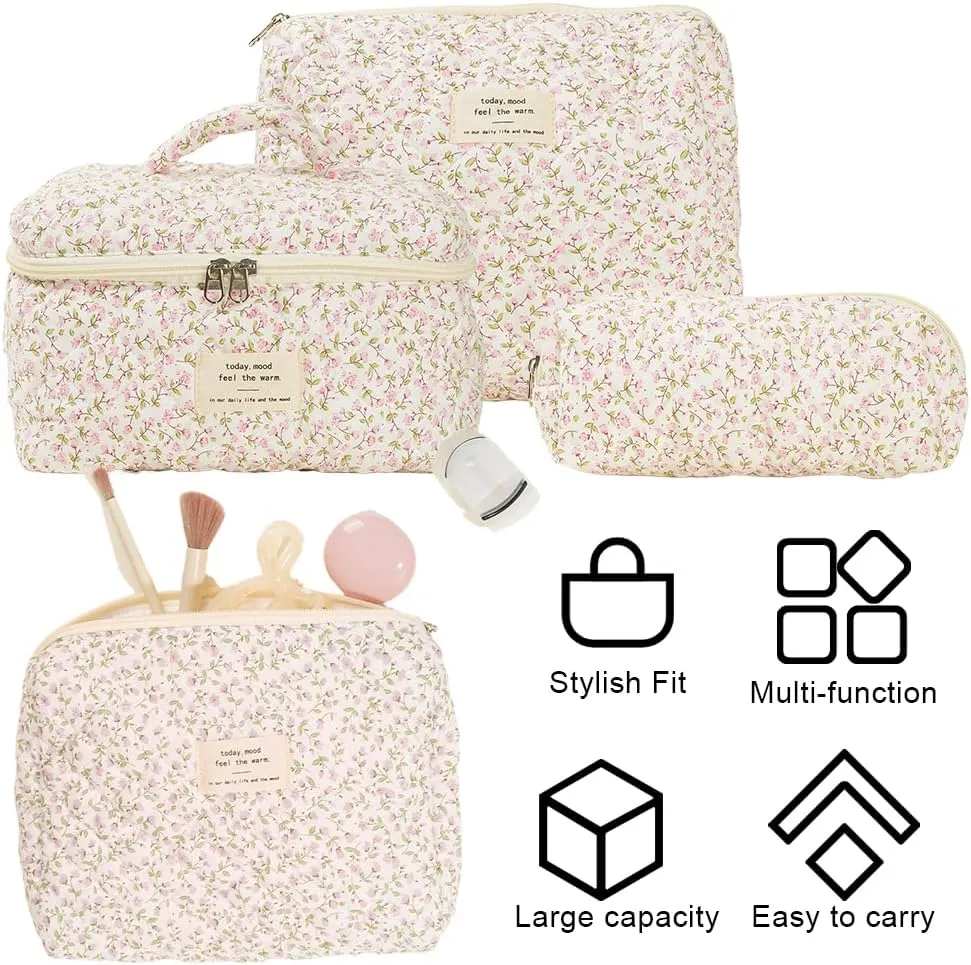 3PCS Makeup Bag for Women Quilted Cotton Make Up Bag Travel Cosmetic Bag Large Cute Makeup Bag Organizer Floral Toiletry Bag Makeup Pouch for Purse