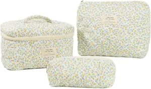 3PCS Makeup Bag for Women Quilted Cotton Make Up Bag Travel Cosmetic Bag Large Cute Makeup Bag Organizer Floral Toiletry Bag Makeup Pouch for Purse