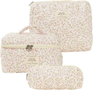 3PCS Makeup Bag for Women Quilted Cotton Make Up Bag Travel Cosmetic Bag Large Cute Makeup Bag Organizer Floral Toiletry Bag Makeup Pouch for Purse