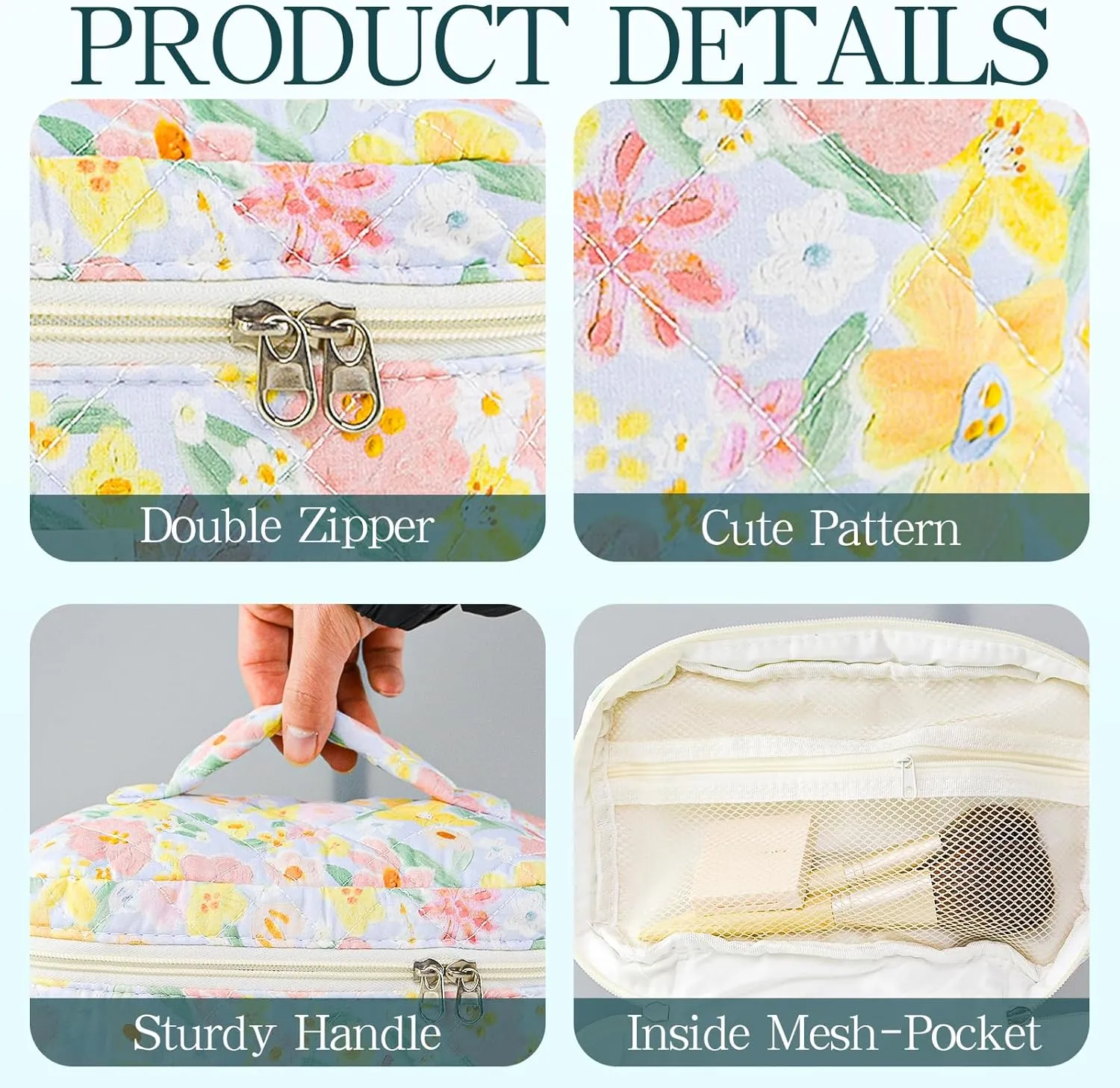 3Pcs Quilted Makeup Bag for Women, Large Travel Makeup Bag Set, Cute Aesthetic Cosmetic Bags, Floral Cotton Makeup Pouch Coquette Toiletry Organizer Bag