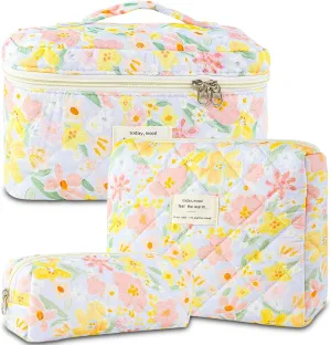 3Pcs Quilted Makeup Bag for Women, Large Travel Makeup Bag Set, Cute Aesthetic Cosmetic Bags, Floral Cotton Makeup Pouch Coquette Toiletry Organizer Bag