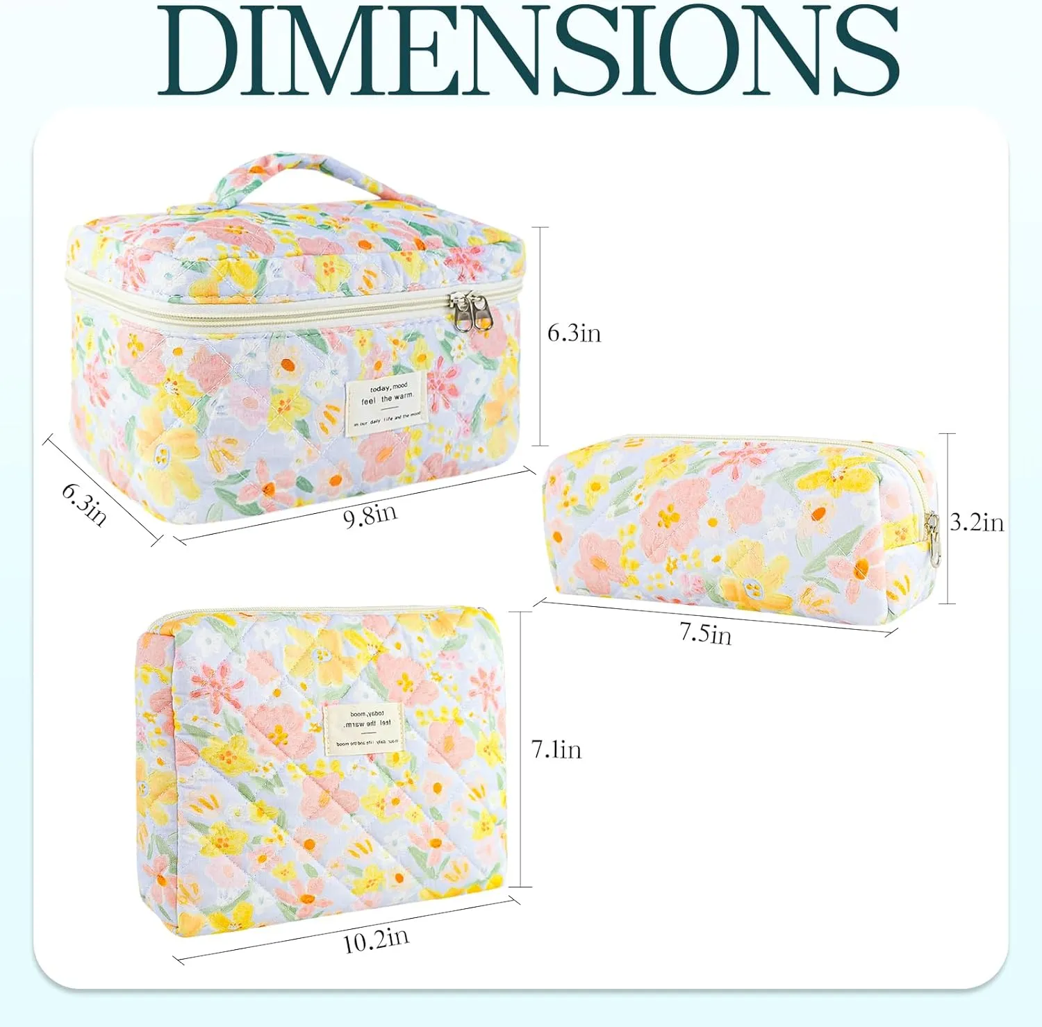 3Pcs Quilted Makeup Bag for Women, Large Travel Makeup Bag Set, Cute Aesthetic Cosmetic Bags, Floral Cotton Makeup Pouch Coquette Toiletry Organizer Bag
