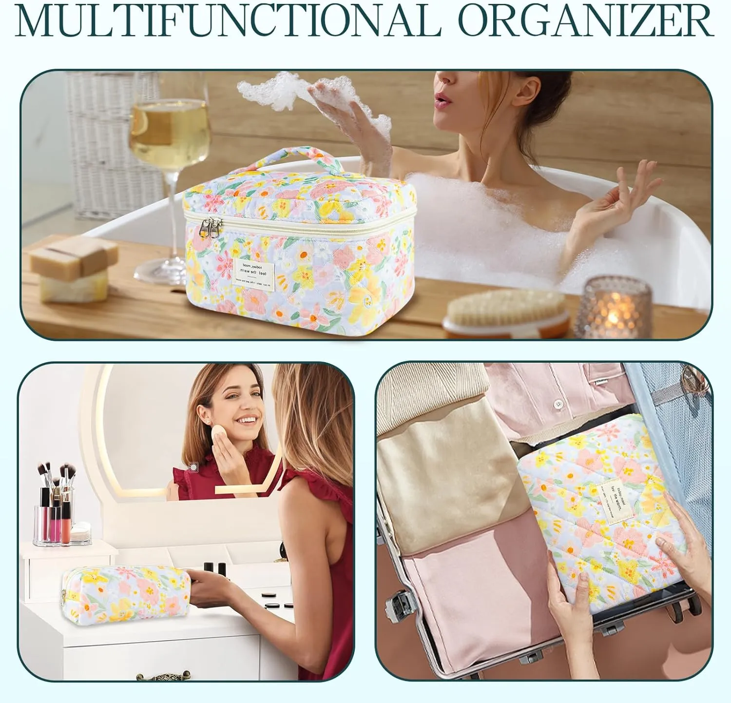 3Pcs Quilted Makeup Bag for Women, Large Travel Makeup Bag Set, Cute Aesthetic Cosmetic Bags, Floral Cotton Makeup Pouch Coquette Toiletry Organizer Bag