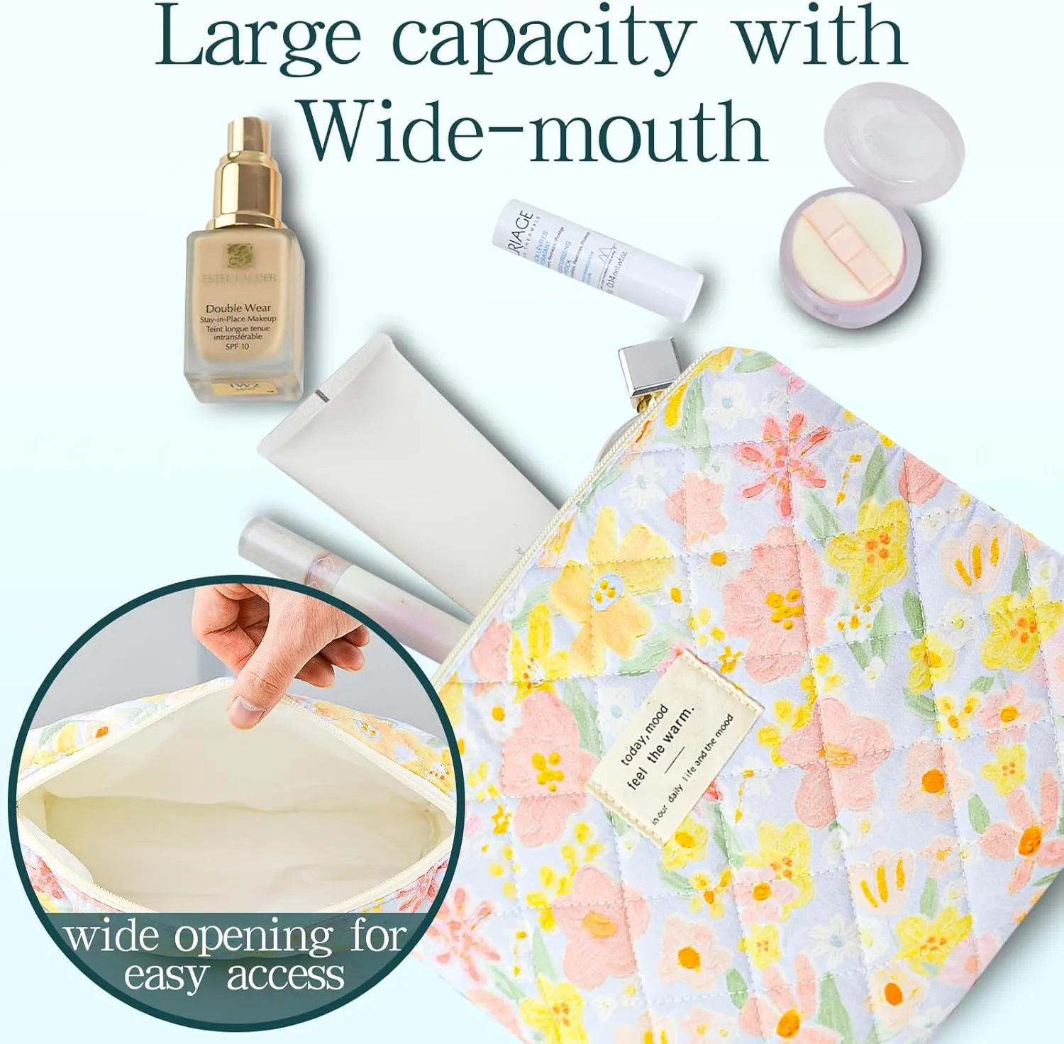 3Pcs Quilted Makeup Bag for Women, Large Travel Makeup Bag Set, Cute Aesthetic Cosmetic Bags, Floral Cotton Makeup Pouch Coquette Toiletry Organizer Bag