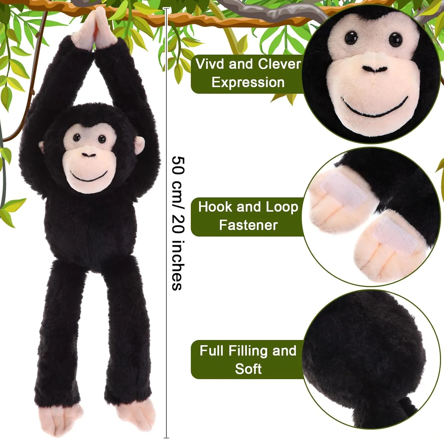 4 Pcs 20in Black Hanging Chimpanzee Stuffed Animal Chimpanzee Plush Hanging Monkey Toy with Hook and Loop Fasteners Hands Stuffed Gifts for Birthday Party Favors Decorations