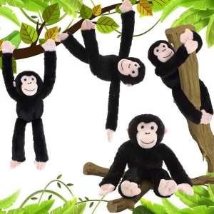 4 Pcs 20in Black Hanging Chimpanzee Stuffed Animal Chimpanzee Plush Hanging Monkey Toy with Hook and Loop Fasteners Hands Stuffed Gifts for Birthday Party Favors Decorations