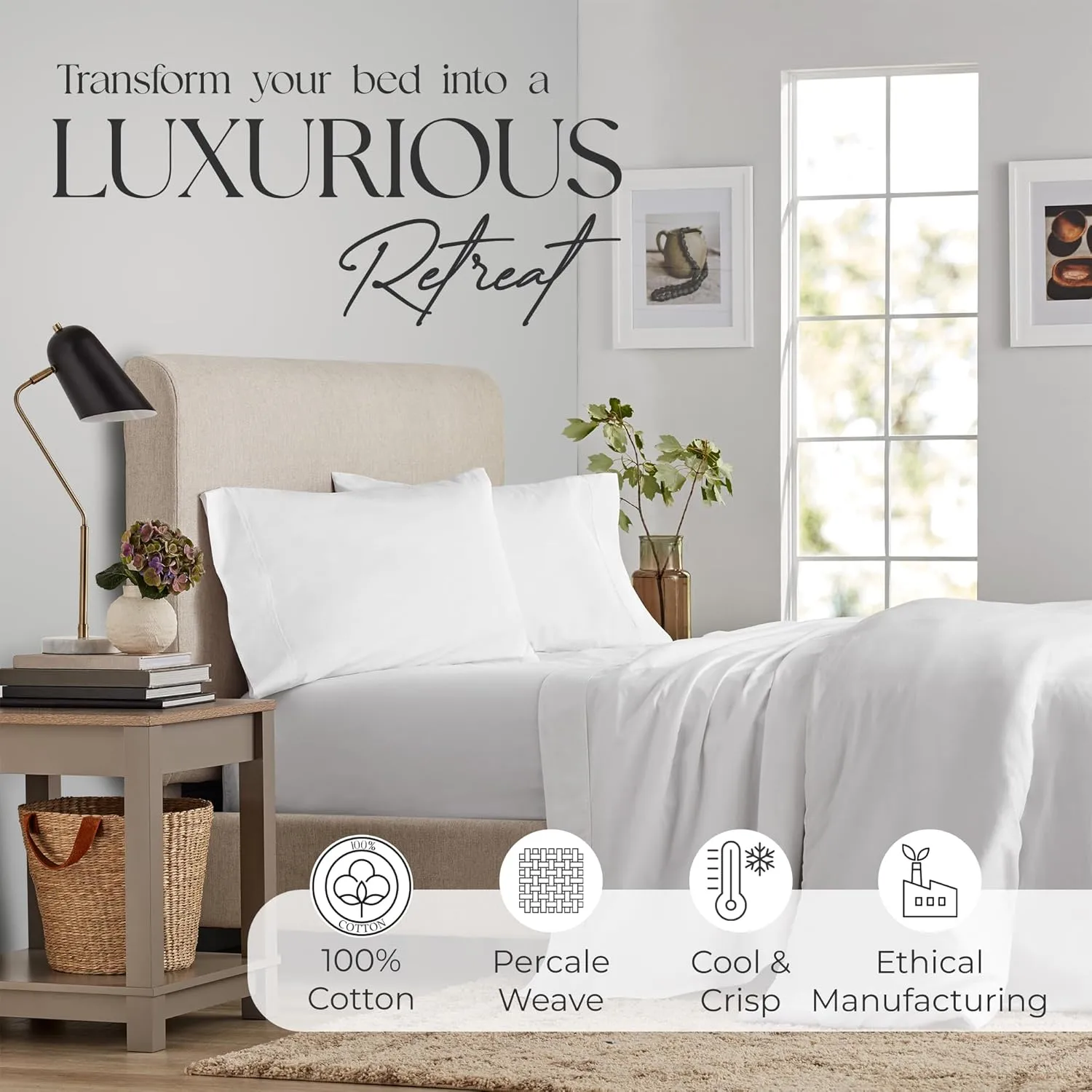 400 Thread Count Twin White Sheets, Hotel Luxury Back to School College Essentials Sheet Set, 100% Cotton Deep Pockets Percale Sheets for Twin Size Bed, Cool & Crisp, Easy Fit