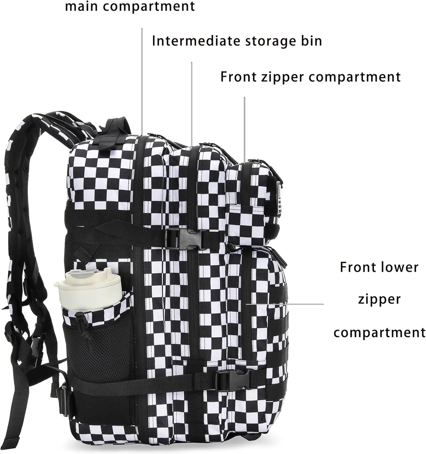 45L Tactical Assault Backpack 3 day assault pack with Molle Waterproof backpack Rucksack for Tactical Backpacks (Black and white check)