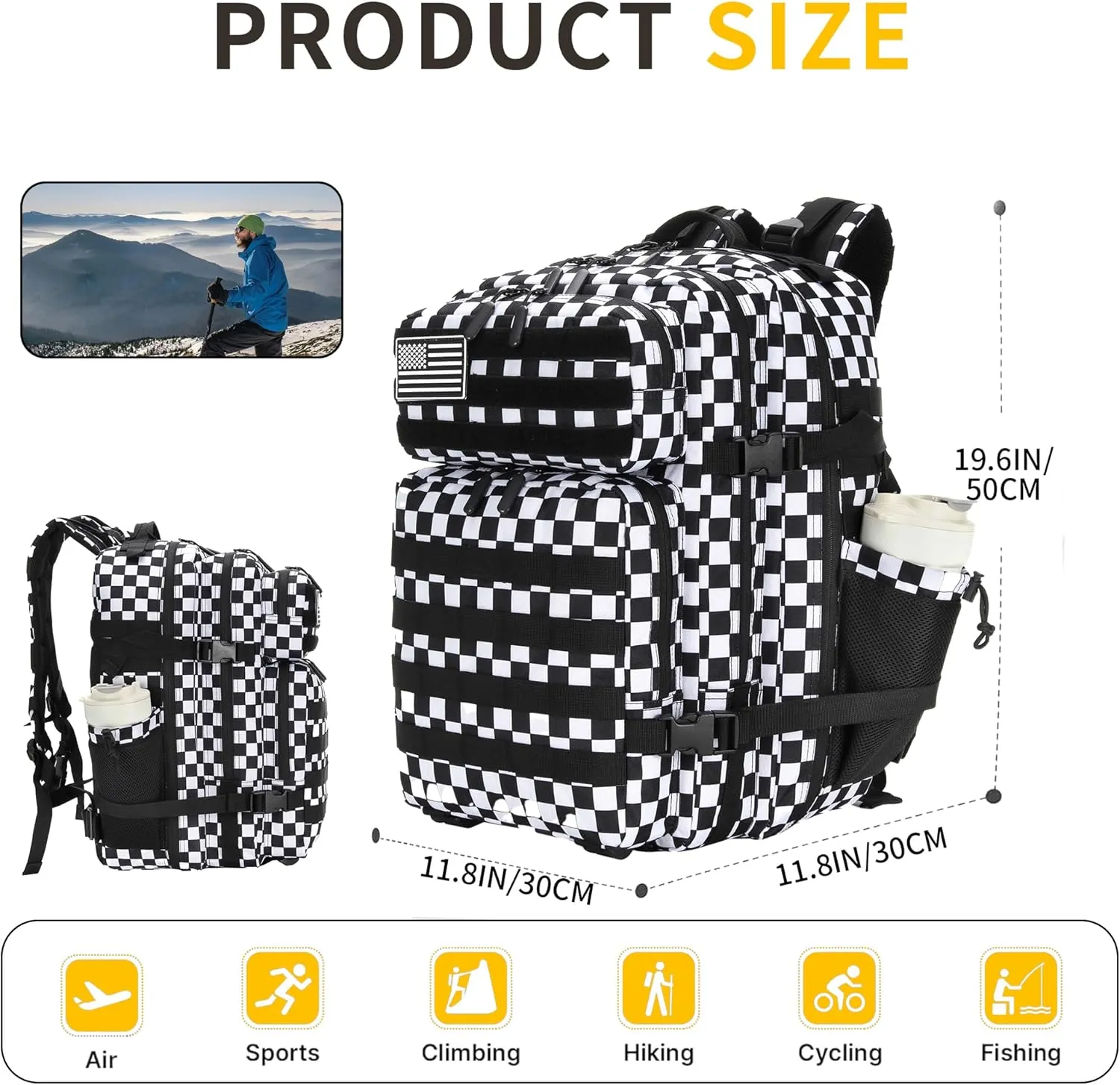 45L Tactical Assault Backpack 3 day assault pack with Molle Waterproof backpack Rucksack for Tactical Backpacks (Black and white check)