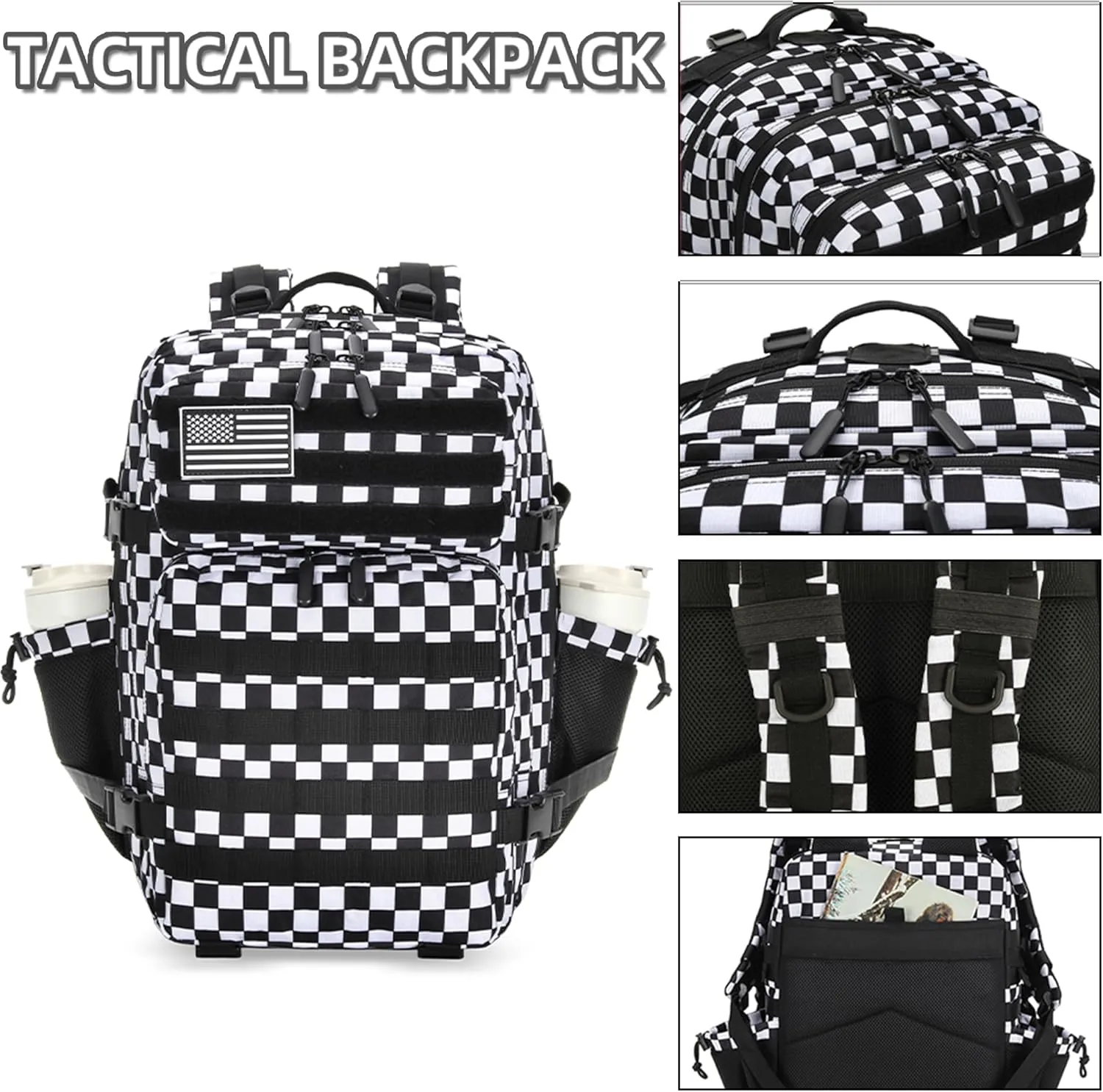 45L Tactical Assault Backpack 3 day assault pack with Molle Waterproof backpack Rucksack for Tactical Backpacks (Black and white check)
