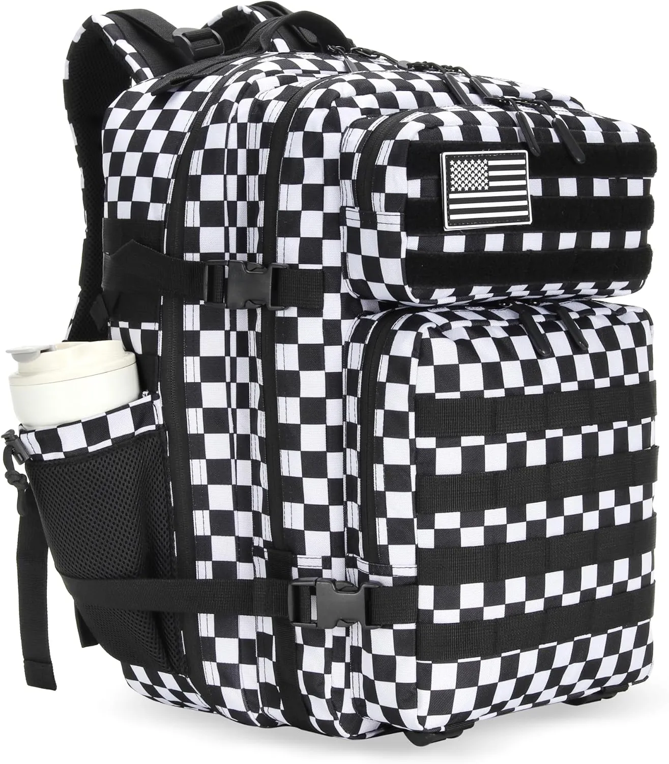 45L Tactical Assault Backpack 3 day assault pack with Molle Waterproof backpack Rucksack for Tactical Backpacks (Black and white check)