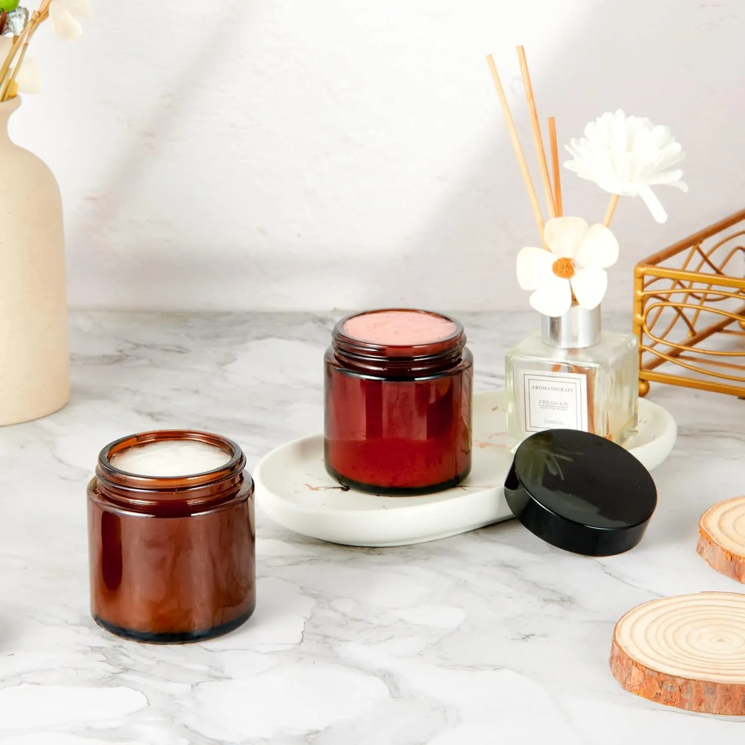 4oz Jars with Lids, Hoa Kinh 12 Pack Amber Glass Jars with Lids Empty Cosmetic Containers Round Airtight Glass Jar with Inner Liners and black Lid for Storing Lotions, Powders, and Ointments