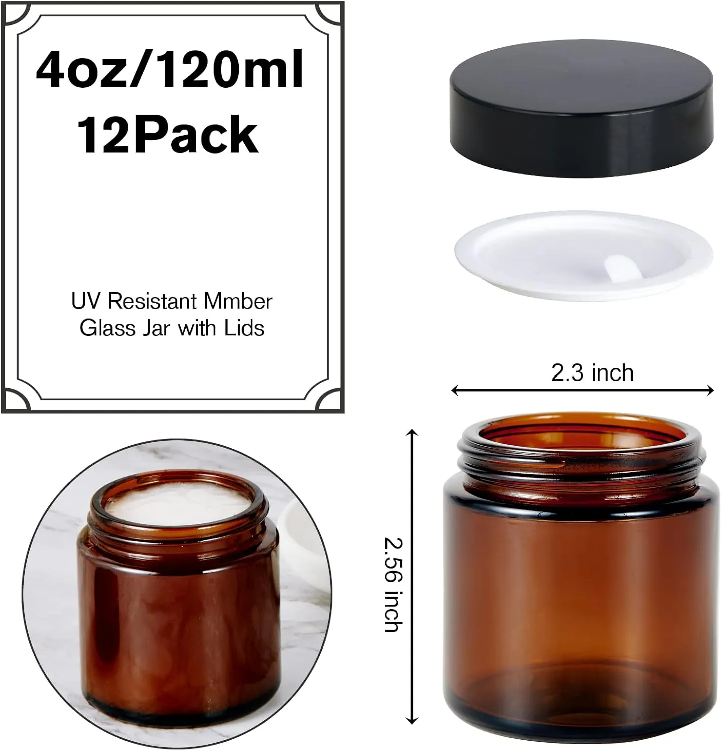 4oz Jars with Lids, Hoa Kinh 12 Pack Amber Glass Jars with Lids Empty Cosmetic Containers Round Airtight Glass Jar with Inner Liners and black Lid for Storing Lotions, Powders, and Ointments