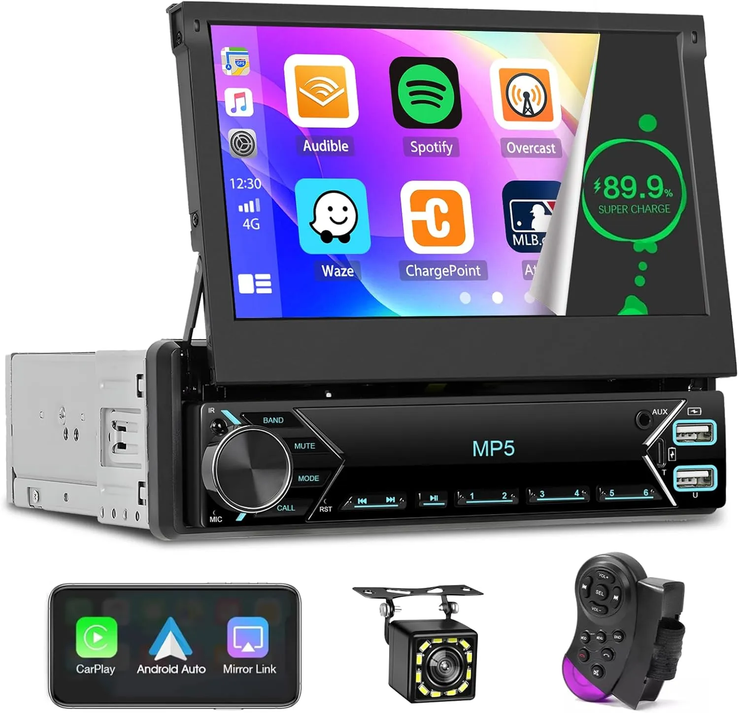 7 Inch Car Stereo Single DIN Radio with Wireless Carplay ＆ Android Auto, Flip Out Touchscreen with Bluetooth FM Radio EQ SWC, USB/Type-C/Aux-in Port - Backup Camera/Mic/Remote Control