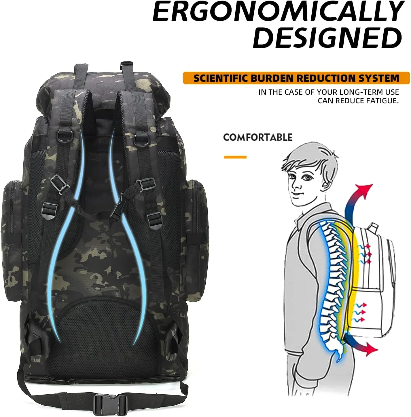 70L/100L Hiking Camping Backpack MOLLE Rucksack Waterproof Daypack for Traveling (Black CP)