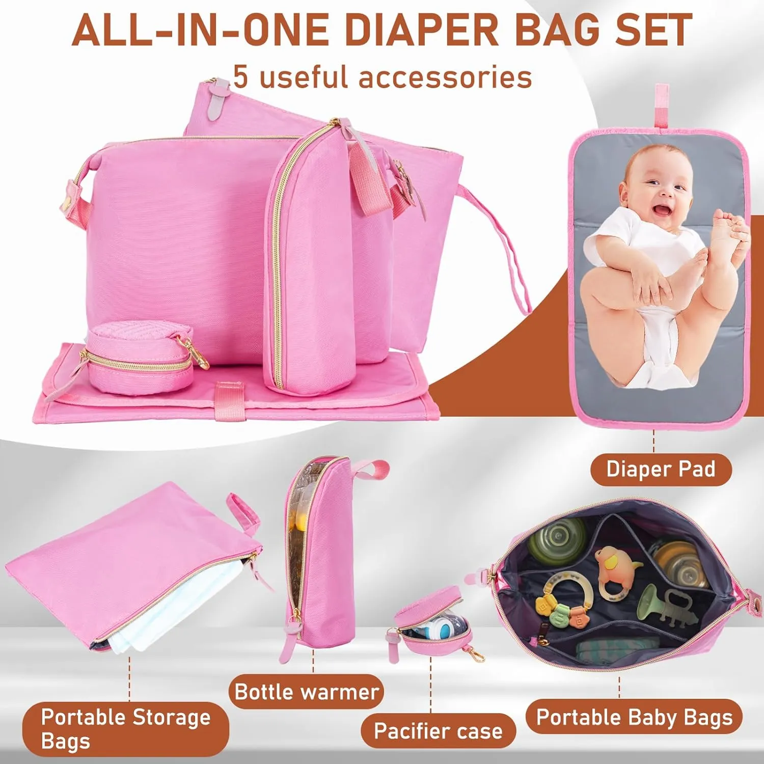 7pcs Diaper Tote - Large Mommy Travel Diaper Bag, Baby Bag, Pink