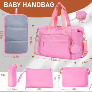 7pcs Diaper Tote - Large Mommy Travel Diaper Bag, Baby Bag, Pink