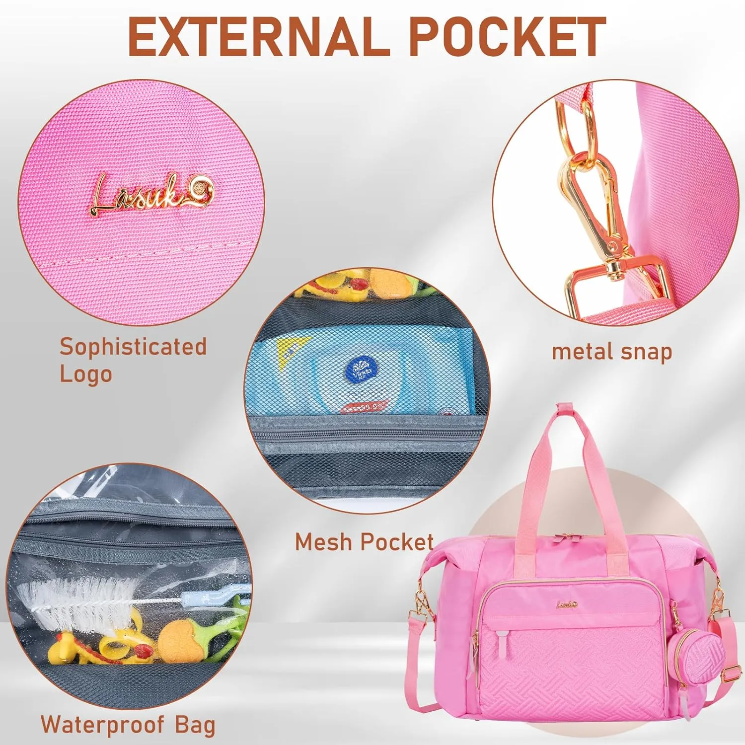 7pcs Diaper Tote - Large Mommy Travel Diaper Bag, Baby Bag, Pink