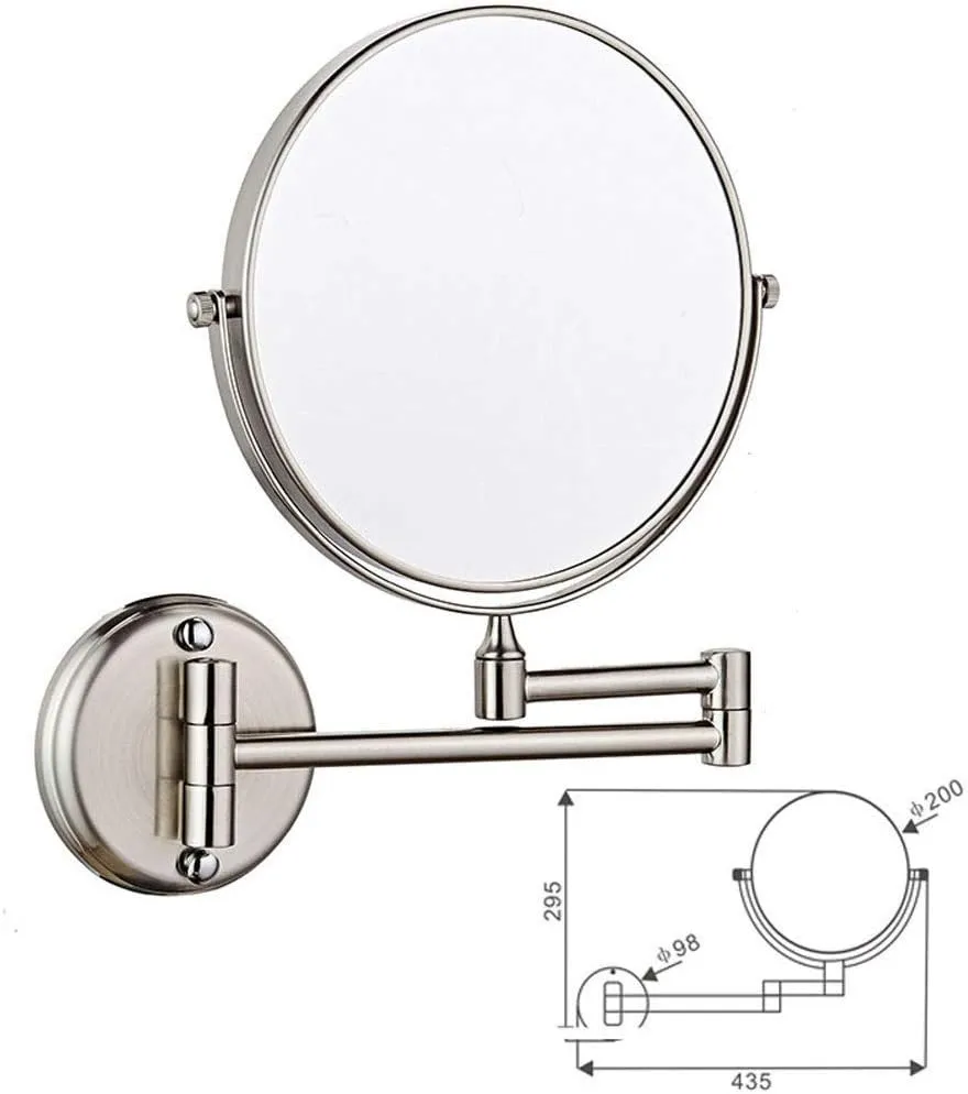 8-Inch Two-Sided Swivel Wall Mounted Makeup Mirror - 3X Magnification Extending Folding Design Nickel Finish Drilling/No Drilling Options Cosmetic Mirror