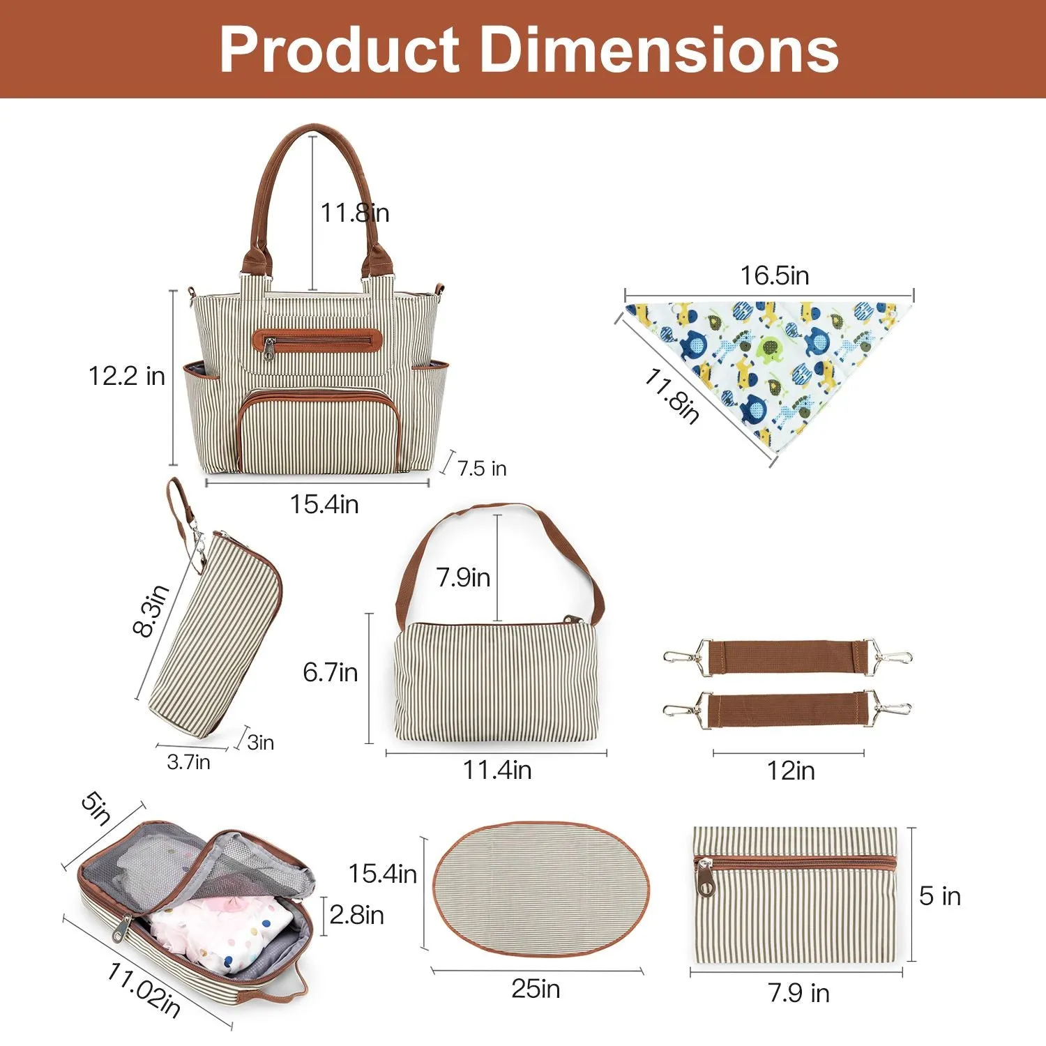 8Pcs Baby Nappy Diaper Bags Set - Bottle Bag, Mesh Bag, Purse Diaper Pad, 2 Burp Cloths, 2 Hook Straps