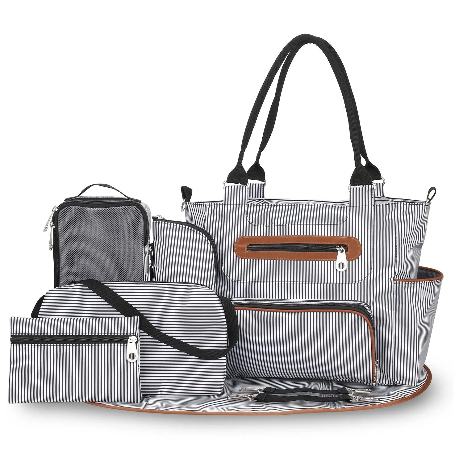 8Pcs Baby Nappy Diaper Bags Set - Bottle Bag, Mesh Bag, Purse Diaper Pad, 2 Burp Cloths, 2 Hook Straps