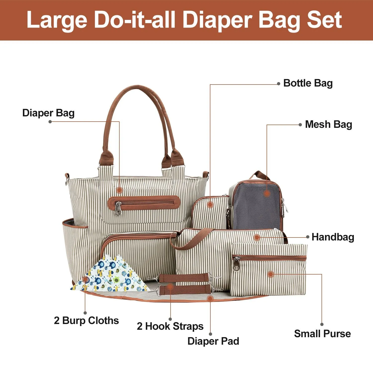 8Pcs Baby Nappy Diaper Bags Set - Bottle Bag, Mesh Bag, Purse Diaper Pad, 2 Burp Cloths, 2 Hook Straps
