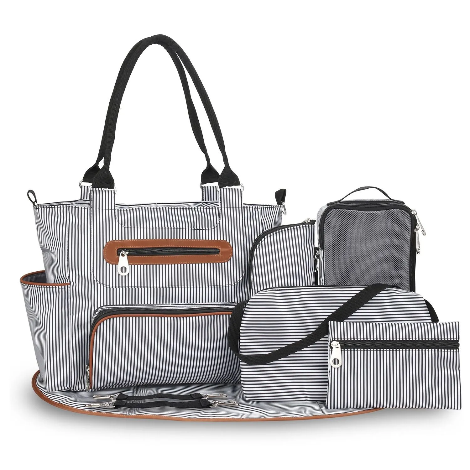 8Pcs Baby Nappy Diaper Bags Set - Bottle Bag, Mesh Bag, Purse Diaper Pad, 2 Burp Cloths, 2 Hook Straps