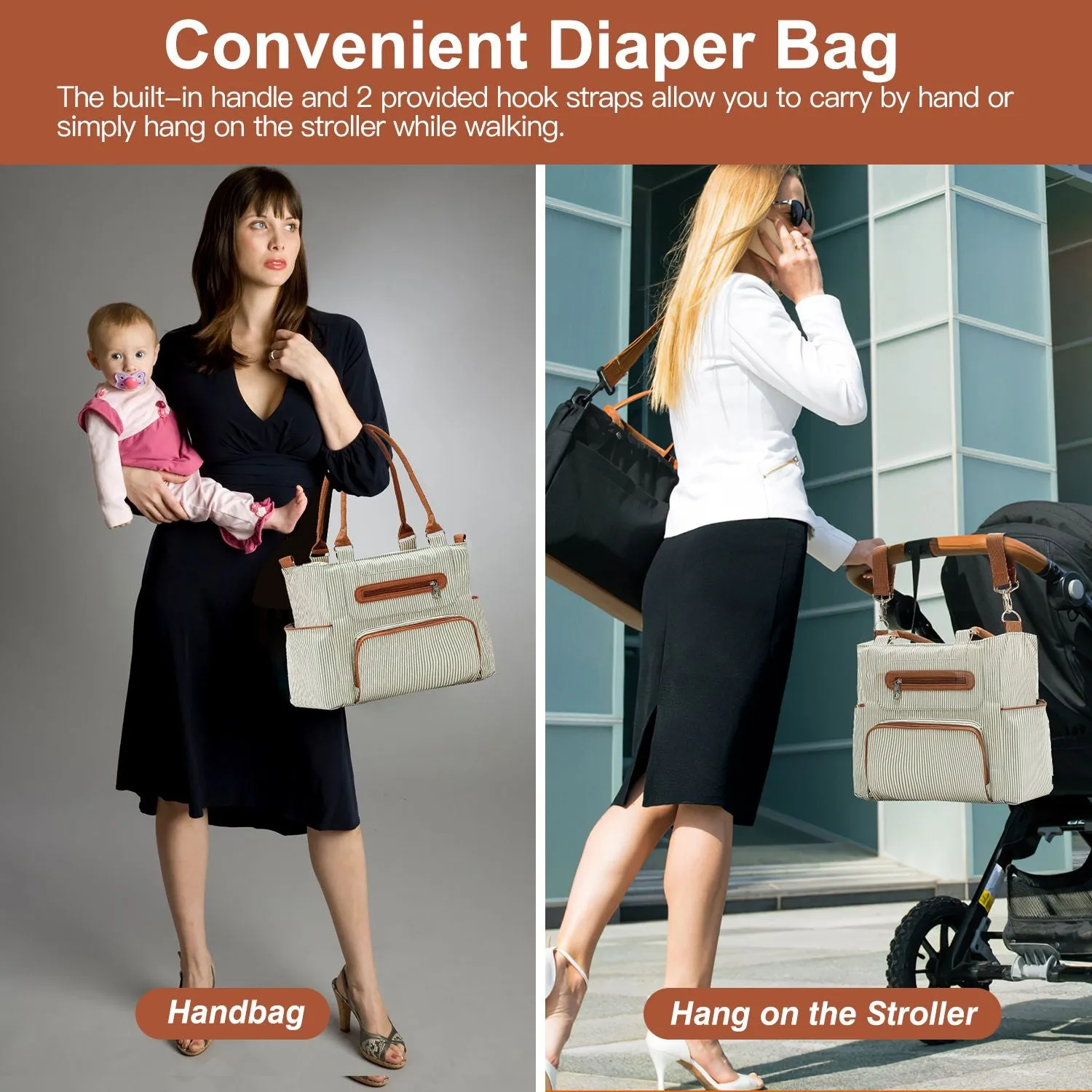 8Pcs Baby Nappy Diaper Bags Set - Bottle Bag, Mesh Bag, Purse Diaper Pad, 2 Burp Cloths, 2 Hook Straps