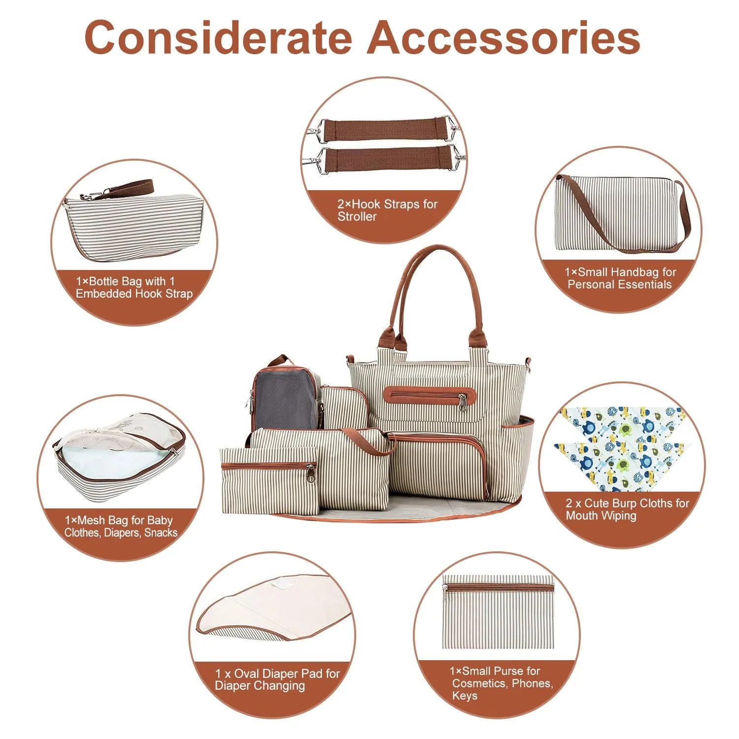 8Pcs Baby Nappy Diaper Bags Set - Bottle Bag, Mesh Bag, Purse Diaper Pad, 2 Burp Cloths, 2 Hook Straps