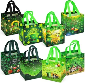8PCS St Patrick's Day Reusable Gift Bags, Treat Handles, Irish Party, Multifunctional Non-Woven Saint Paddy Day Bags for Gifts Wrapping, Party Supplies, 7.9 × 7.9 × 5.9inch