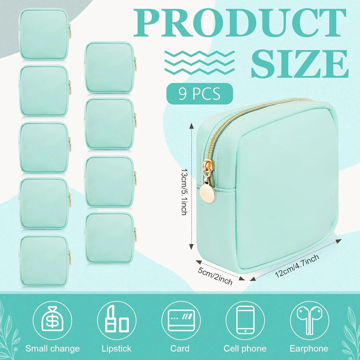 9 Pcs Mini Makeup Bags Bulk Nylon Cosmetic Bags Pouch for Purse Travel Bag Pouch Toiletry Organizer Pouches Bag for Women, Small Zipper Pouch Preppy Coin Purse for Custom Birthday Gifts (Light blue)