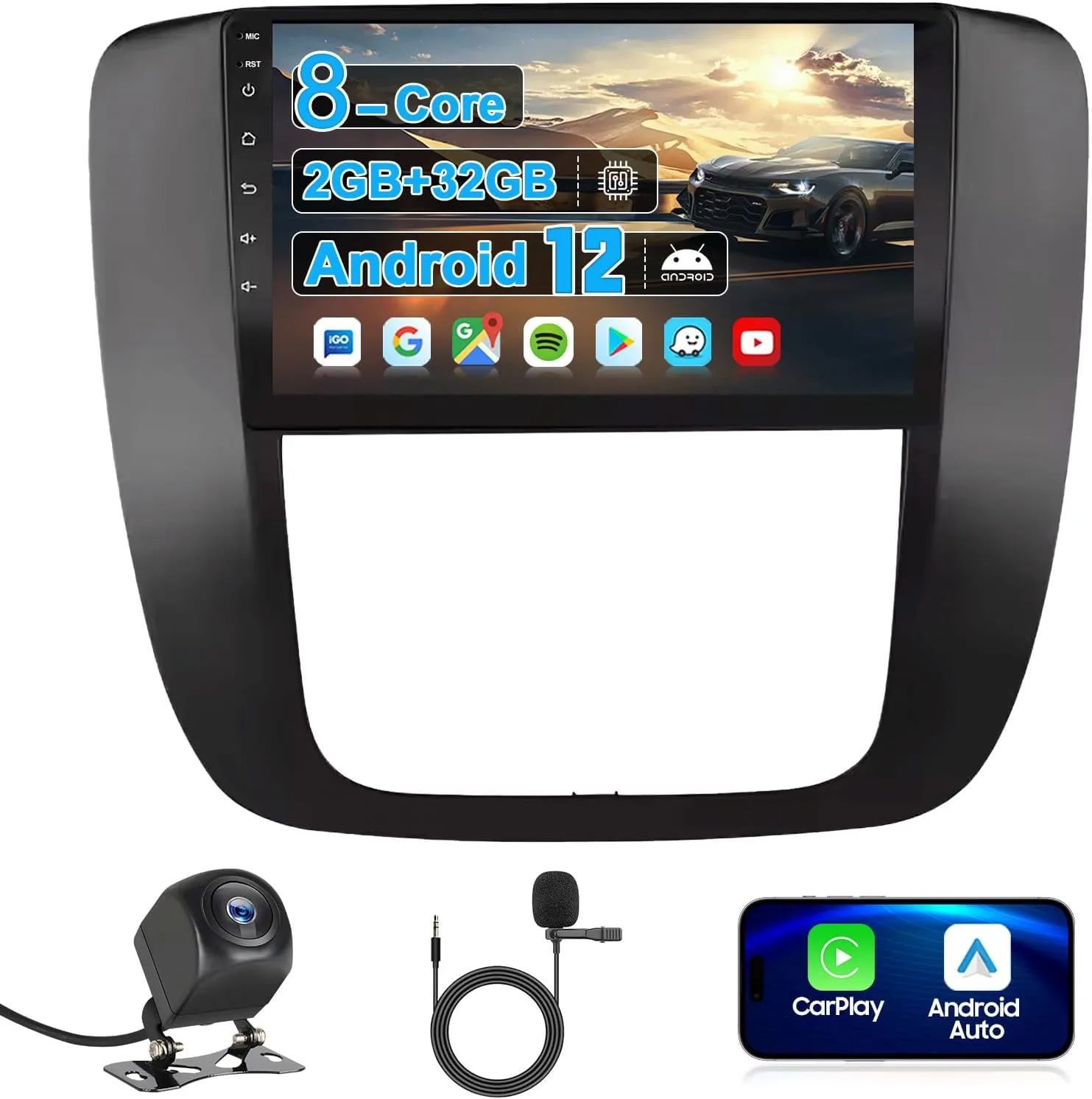 9" Car Radio Stereo Kit for GMC Sierra Yukon Tahoe 2007-2013 Silverado 2010-2013, 8 Core IPS Touch Screen with Carplay Android Auto, Bluetooth SWC Backup Camera-Black