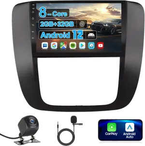 9" Car Radio Stereo Kit for GMC Sierra Yukon Tahoe 2007-2013 Silverado 2010-2013, 8 Core IPS Touch Screen with Carplay Android Auto, Bluetooth SWC Backup Camera-Black