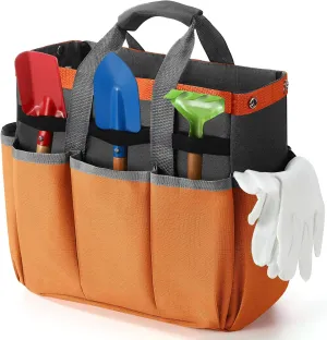 Abbylike Garden Tool Bag Garden Storage Bags with 8 Pockets Storage Organizer with Handle Oxford Cloth Tool Holder for Pottery Gardener Electrician Contractor Repairman 12" x 12" x 6"(Orange)