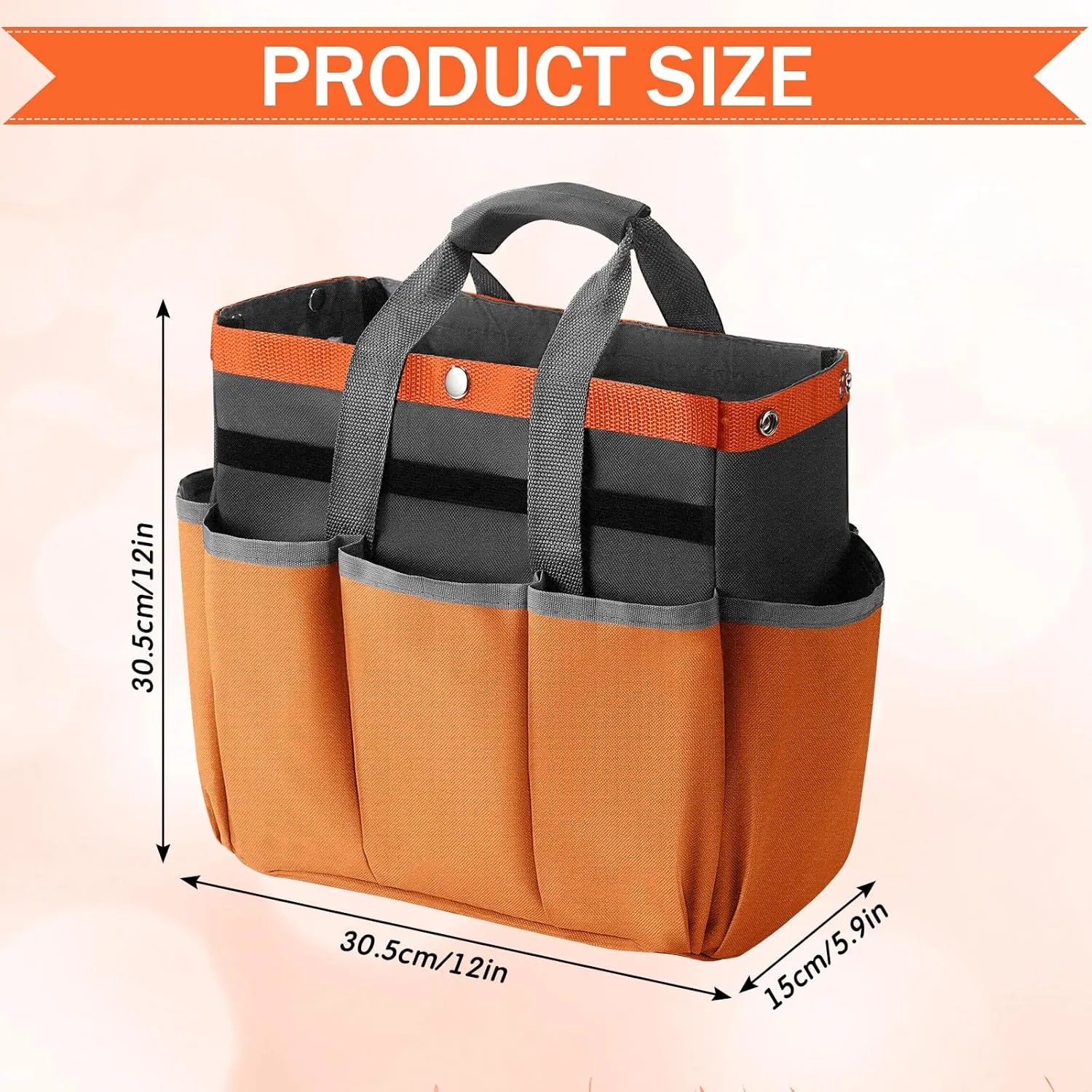 Abbylike Garden Tool Bag Garden Storage Bags with 8 Pockets Storage Organizer with Handle Oxford Cloth Tool Holder for Pottery Gardener Electrician Contractor Repairman 12" x 12" x 6"(Orange)